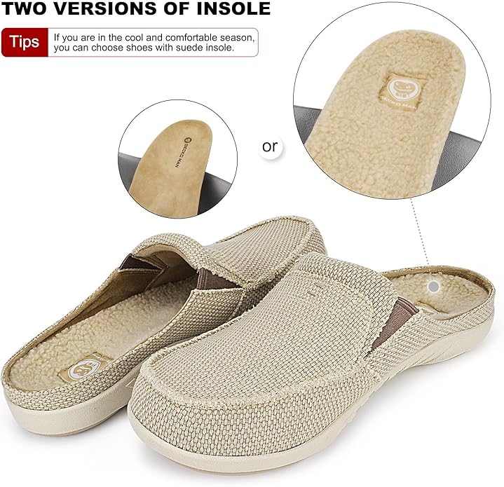 Mens Slippers with Arch Support, Canvas House Slipper for Men with Velvet Lining, Slip On Clog, Indoor Outdoor House Shoes with Anti-Skid Rubber Sole