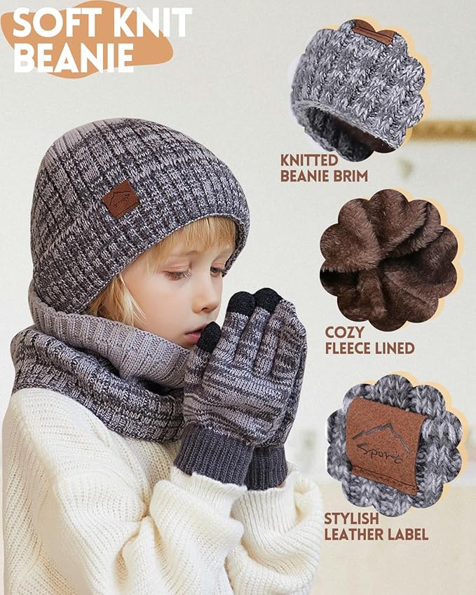 Kids Winter Hat Gloves Scarf Set，Mixed-color Beanie hat Knit Neck Fleece Lining Touchscreen Gloves for Girls Boys 4-10Y