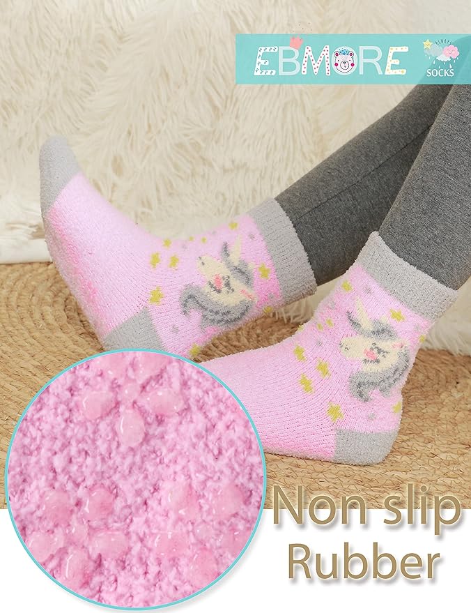 EBMORE Girls Kids Toddler Fuzzy Socks with Grips Non Slip Slipper Socks Crew Cabin Cozy Fluffy Warm Winter Socks 6 Pairs