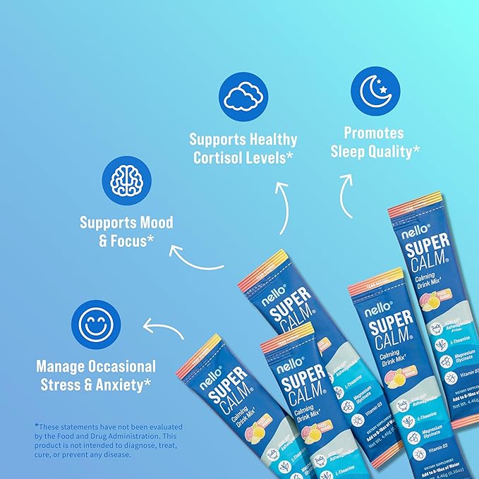 Nello Supercalm Drink Mix - Ashwagandha KSM 66, Magnesium Glycinate & L-Theanine Supplement, Vitamin D3 - Ashwagandha Root Extract - Focus and Relaxation Support (20 Travel Packets) - Yuzu Guava