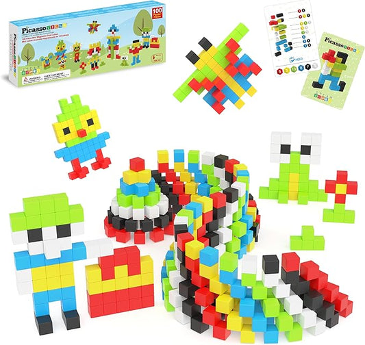 PicassoTiles 100pcs 0.5” Pixel Magnetic Puzzle Cube Mix & Match Cubes Sensory Toys STEAM Education Learning Building Block Magnets Children Construction Toy Set Stacking Magnet Creative Kit PMC100