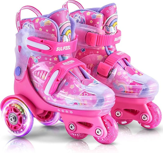 SULIFEEL Adjustable Roller Skates for Girls Boys Kids,Fun Illuminating Light Up Flash Wheels Three-Point Type Balance Suitable for Beginners Indoor Roller Skating