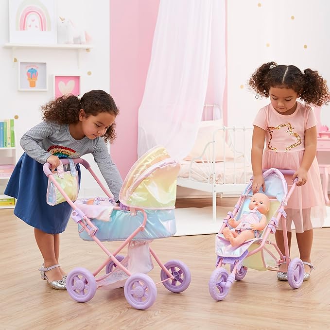 Olivia's Little World Baby Doll Stroller, 2-in-1 Doll Pram Buggy for Girls Age 3+, Fits up to 18” Dolls, Baby Stroller for Dolls, Stroller Toy for Kids, Iridescent