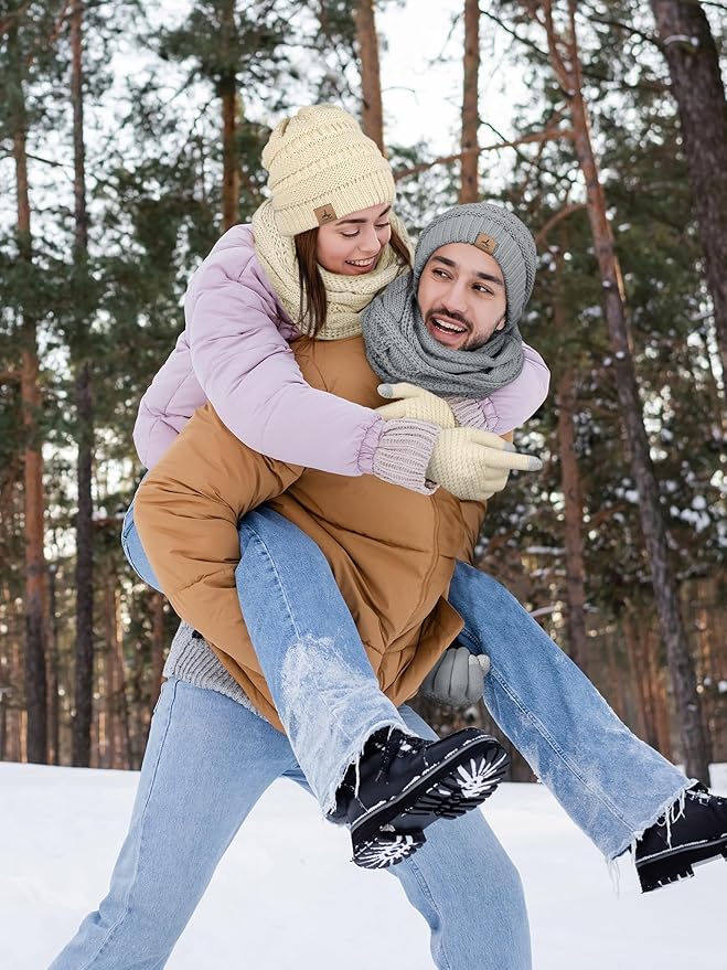 Winter Beanie Hat Scarf Gloves, Warm Fleece Knit Hats Touch Screen Gloves Neck Scarf Set Winter Gifts for Unisex Adult