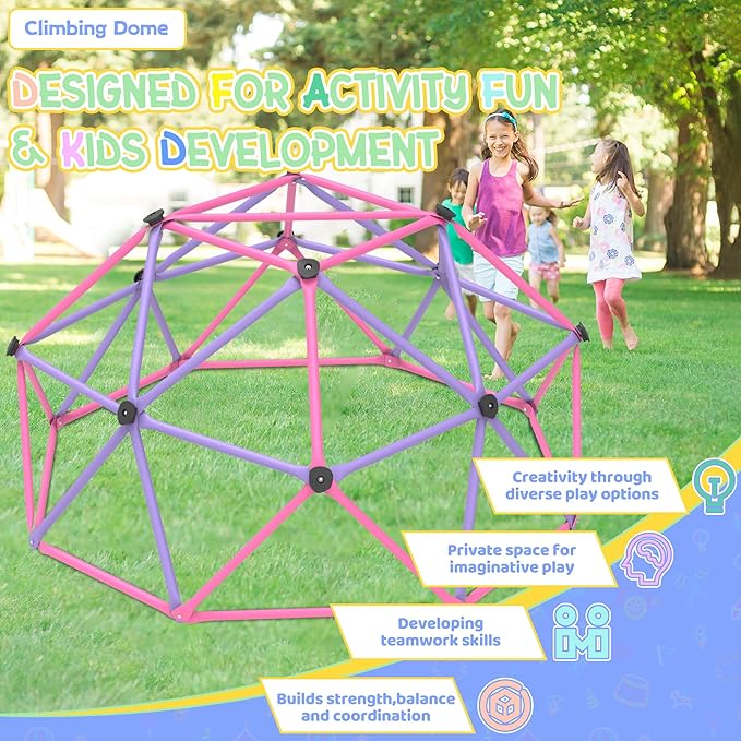 Gardenature 6FT Climbing Dome for Kids 3-8, Jungle Gym for Indoor and Outdoor, Geometric Dome Climber Supporting 440 Lbs Anti-Rust Metal Play Structure, Kids Gift Toys, ASTM Approved, Pink & Purple