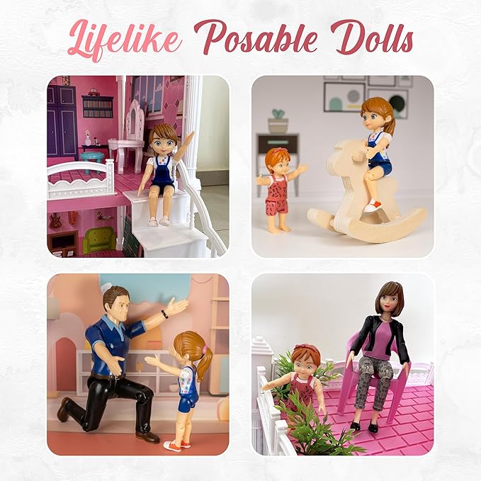 TOMLEON Family Dollhouse People - Doll House People Figures - 5 Poseable Action Figures Incl. Mom, Dad, Sister, Brother, Toddler - Small Dolls for Dollhouse - Dollhouse Dolls (Family)