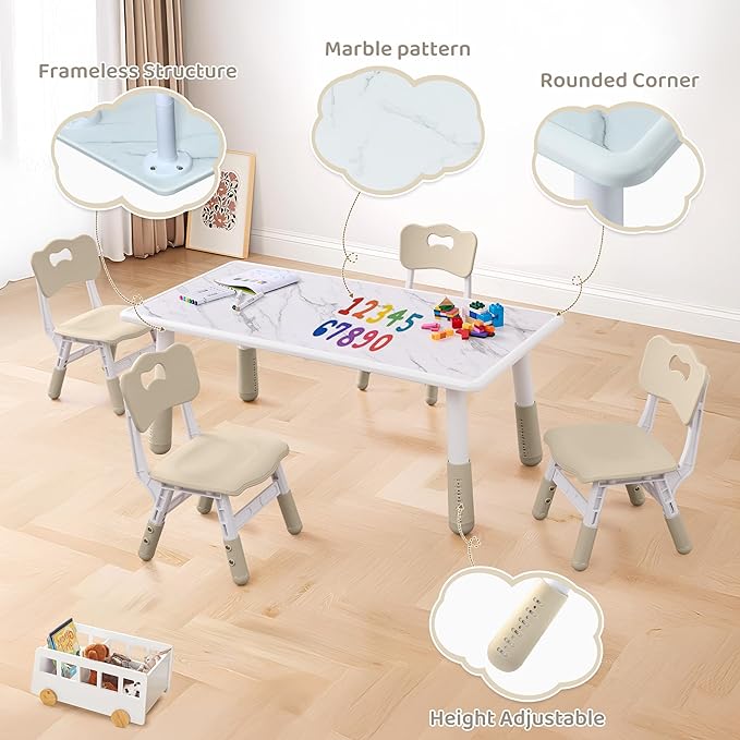 Toddler Table and 4 Chairs Set, Height Adjustable Kids Table and Chairs, 47.2''L x 23.6''W, Marble Pattern & Graffiti Desktop, Children Multi-Activity Table for Home/Daycare/Classroom