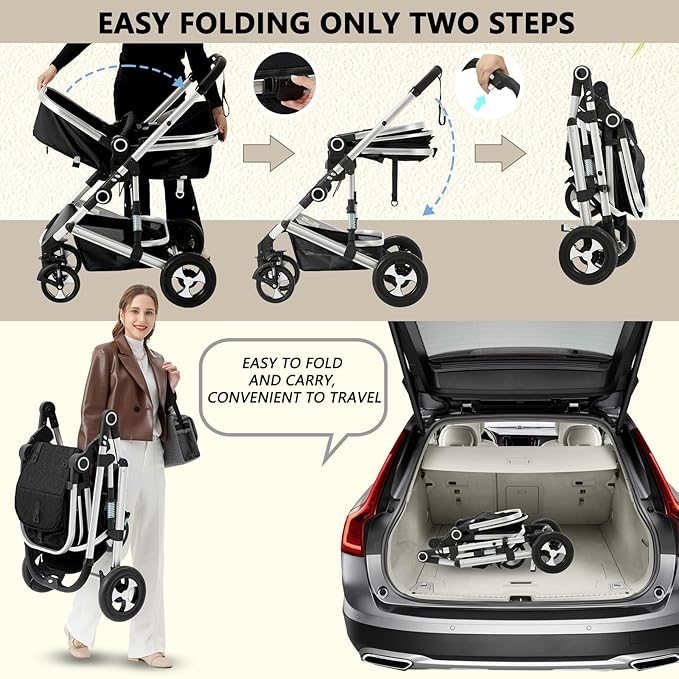 Kinder King 2 in 1 Convertible Baby Stroller, Folding High Landscape Infant Carriage, Newborn Reversible Pram, Adjustable Canopy, Diaper Bag, Anti-Shock Toddler Pushchair Stroller, Black