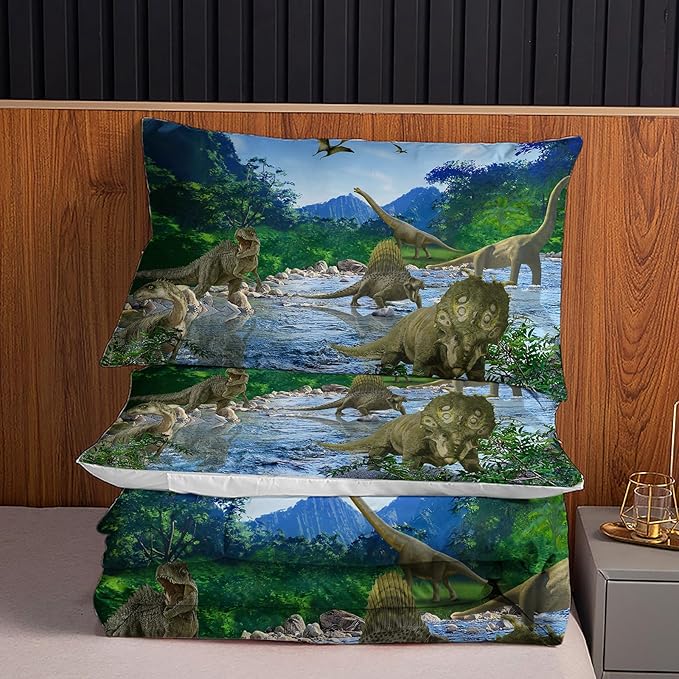 Dinosaurs Twin Fitted Sheet 2Pcs Twin Sheets Set Kids 3D Realistic Dinosaur Fitted Sheets Set Ancient Jungle Dinosaur Bed Sheet Kids Soft Microfiber Bedding Sheets Set