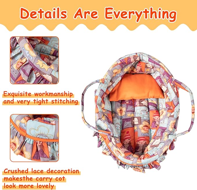 Doll Carry Cot Set Doll Carrier Soft Basket Bassinet, Includes 1 Cot and 1 Pillow, Orange Cartoon Doll Bassinet, Fits for 16 Inch 18 Inch American Girl Dolls