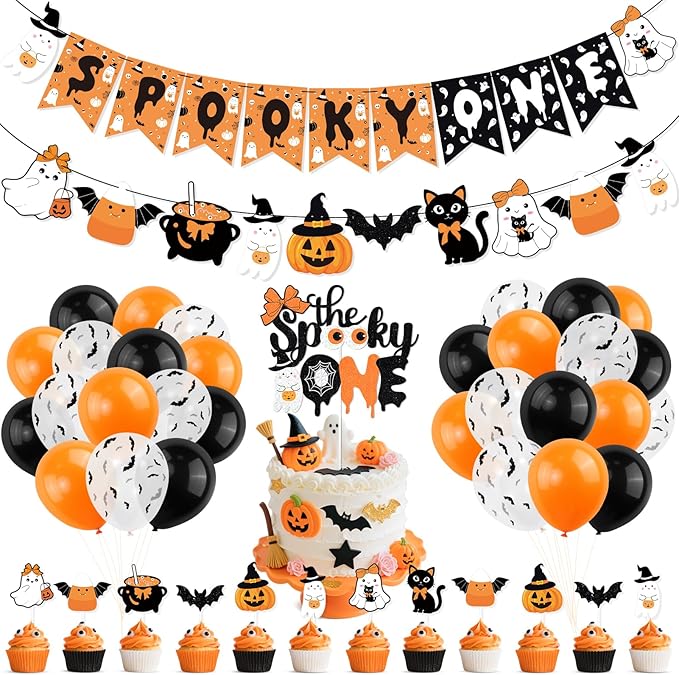 Orange Black Halloween First Birthday Decor Spooky One Banner Cute Ghost Cake Topper Balloons for Halloween Theme 1st Birthday Party The Spooky One Little Boo Happy Boo Day Party Supplies