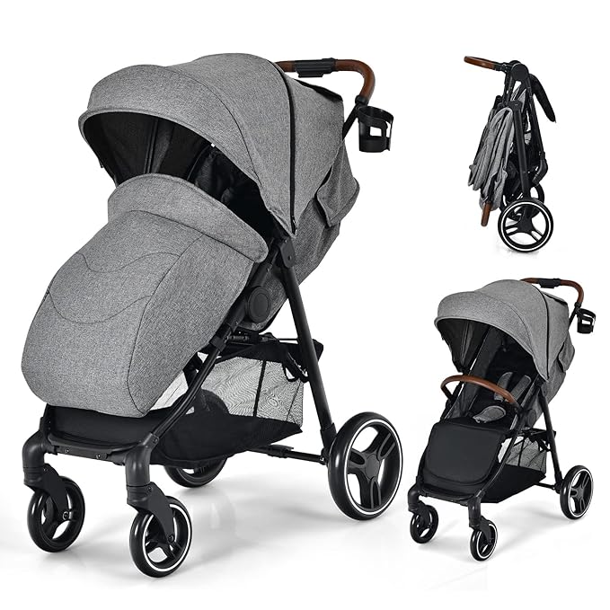 HONEY JOY Baby Stroller, Foldable High Landscape Infant Carriage with Foot Cover, Adjustable Backrest & Canopy, Suspension Wheels & Storage Basket, Newborn Pushchair Stroller for Boys Girls (Gray)