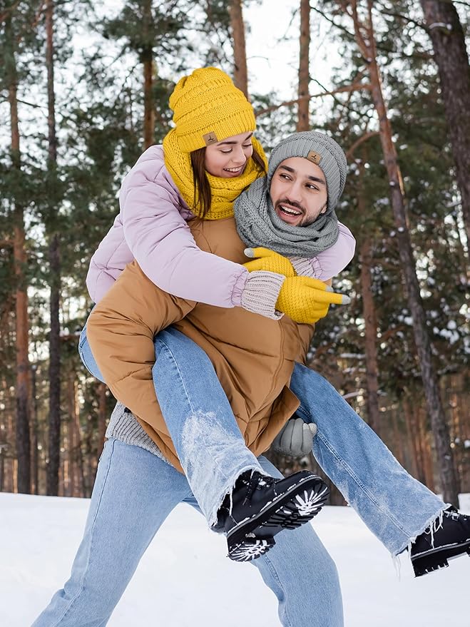 Winter Beanie Hat Scarf Gloves, Warm Fleece Knit Hats Touch Screen Gloves Neck Scarf Set Winter Gifts for Unisex Adult