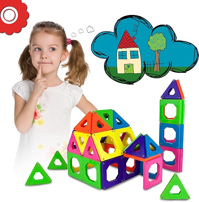 Discovery Kids 24 pcs 3D Magnetic Tile Building Blocks Construction Set in 6 Colors for Ages 4+