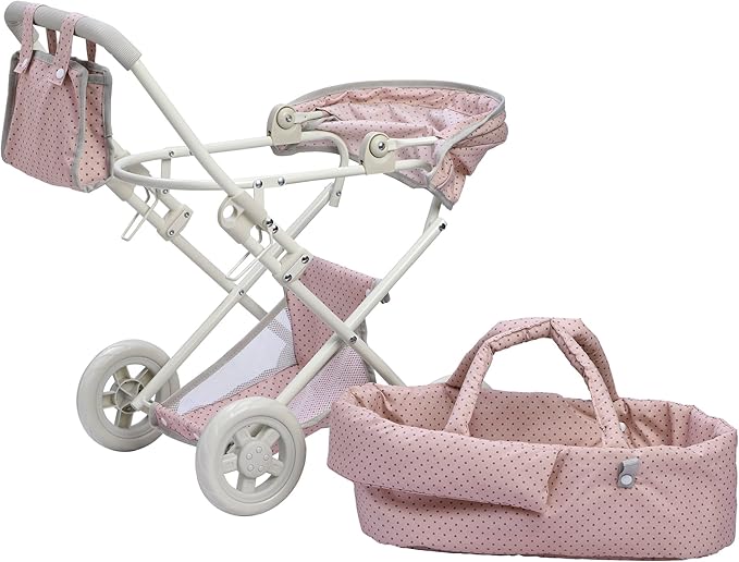 Olivia's Little World Buggy-Style Baby Doll Stroller with Retractable Canopy, Storage Underneath, Detachable Bassinet, Travel Nursery Bag, Comfortable to Push, Pink and Gray