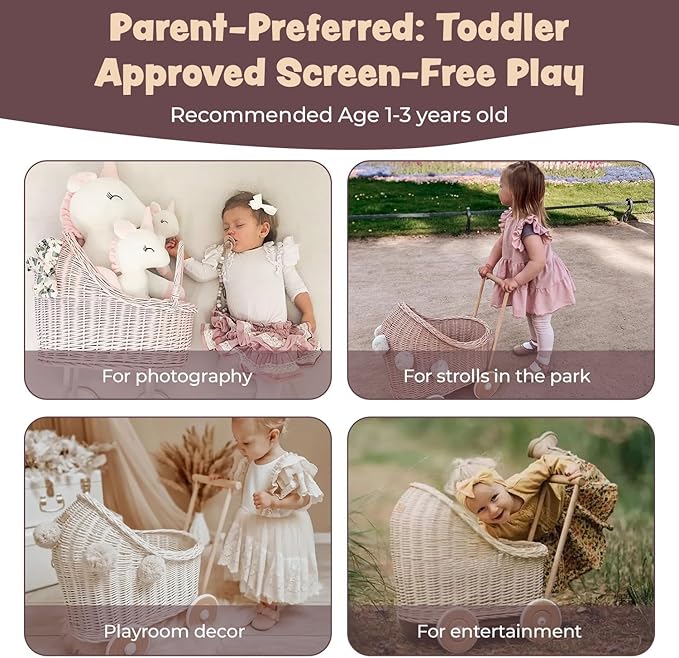 Artisanal Handwoven Rattan Doll Stroller & Pram - European Made for 17 inch Baby Dolls | Includes Mattress, Pillow & Blanket | Perfect for Imaginative Play, Role Play & Room Décor