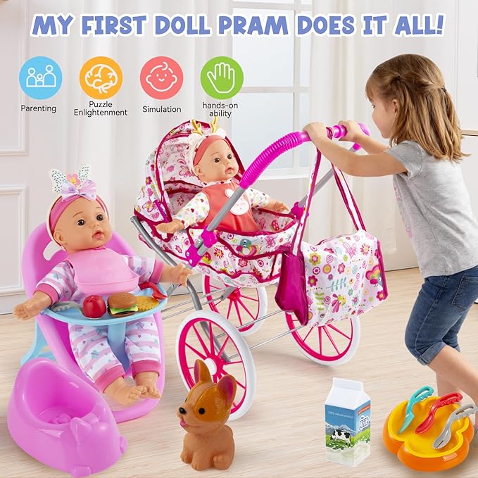Baby Doll Stroller Toys Set with 12.5" Doll for 3-7, Foldable Stroller, Dining Chair, Accessories & 1 Outfits,Pretend Play Baby Doll Toys for Girls Ages 3-7