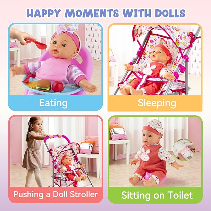 Baby Doll Stroller Toys Set with 12.5" Doll for 3-7 Girls, Foldable Stroller, Dining Chair, Accessories & 1 Outfits,Pretend Play Baby Doll Toys for Girls Ages 3-7