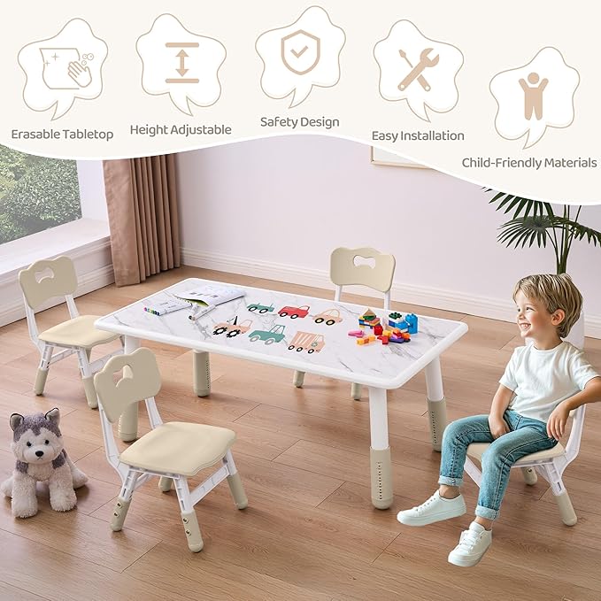 Toddler Table and 4 Chairs Set, Height Adjustable Kids Table and Chairs, 47.2''L x 23.6''W, Marble Pattern & Graffiti Desktop, Children Multi-Activity Table for Home/Daycare/Classroom