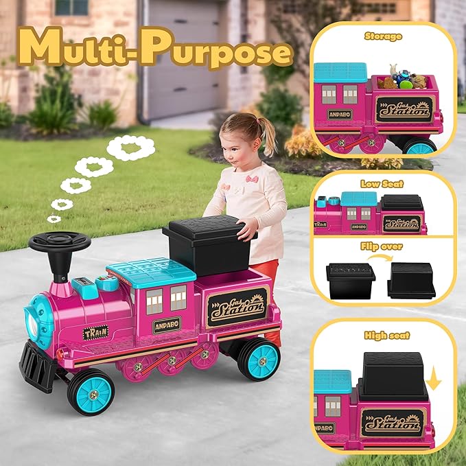 ANPABO 2-Seater Ride On Train Trackless, 12V Kids Car with Height-Adjustable Seat, Extra Storage, Headlight, Train Whistle & Music, Electric Car for Kids (Carriage Not Included), Rose Red