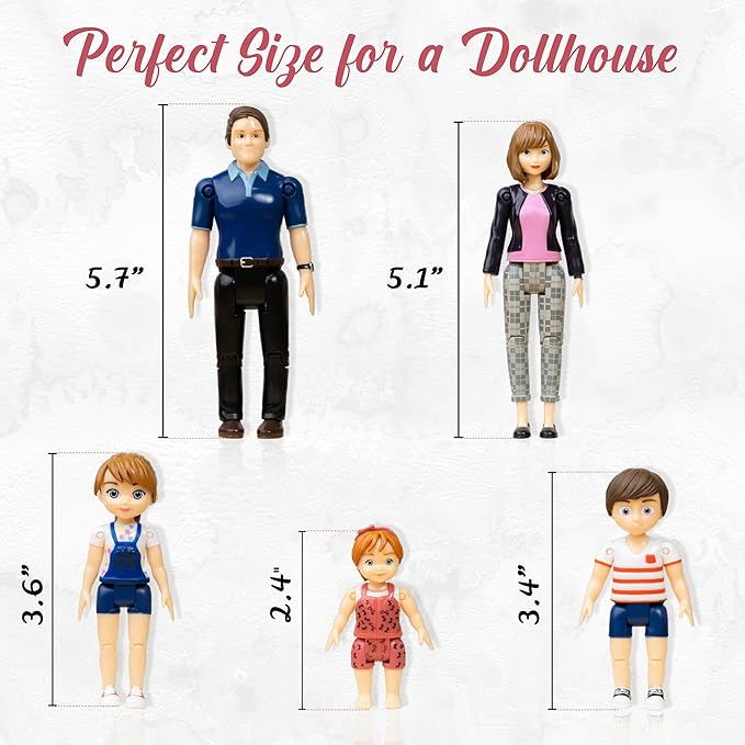TOMLEON Family Dollhouse People - Doll House People Figures - 5 Poseable Action Figures Incl. Mom, Dad, Sister, Brother, Toddler - Small Dolls for Dollhouse - Dollhouse Dolls (Family)