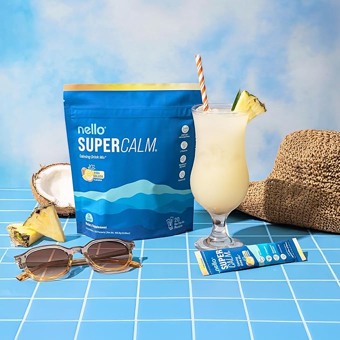 Nello Supercalm Drink Mix - Ashwagandha KSM 66, Magnesium Glycinate & L-Theanine Supplement - Ashwagandha Root Extract - Focus and Relaxation Support (20 Travel Packets) - Pina Colada