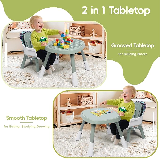 15 in 1 Convertiable High Chair for Babies and Toddlers, 2 in 1 Highchair & Activity Center w/Toys, Booster Seat, Toddler Chair w/5-Point Harness & Removable Tray & 2-Layer Cusion (Green)