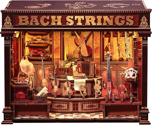 Cutefun Book Nook Kit - DIY Miniature House Dollhouse Kit, Book Nook Kits for Adults, Bookshelf Insert Bookend with LED Light for Teens and Adults (Bach Strings)