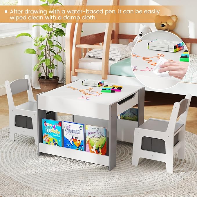 Costzon Kids Table and Chairs, 4 in 1 Wooden Activity Desk Set w/Reversible Tabletop, Bookshelves & Storage Drawers for Drawing, Reading, Crafts, Playing, Toddler Table and Chair Set (Gray)