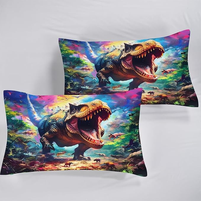 Dinosaur Sheets Set Full/Queen for Boys Tie Dye Dinosaur Bedding Set for All Seasons 3D Dino Bed Set with 1 Flat Sheet 1 Fitted Sheet and 2 Pillowcases