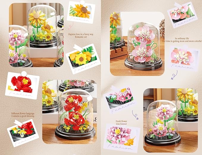 Fantasy Pink Flowers Home Bouquets Dust Cover Set Building Toy Creative Assembly Bonsai Tree, Ideal for Valentine's Anniversaries Birthday