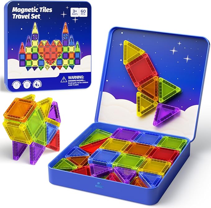 Mini Magnetic Tiles Travel Kit for Kids Ages 3-8, 60pcs Portable Magnetic Building Blocks with Visual Storage Guide & Metal Play Base, STEM Sensory Toys for Preschool Learning