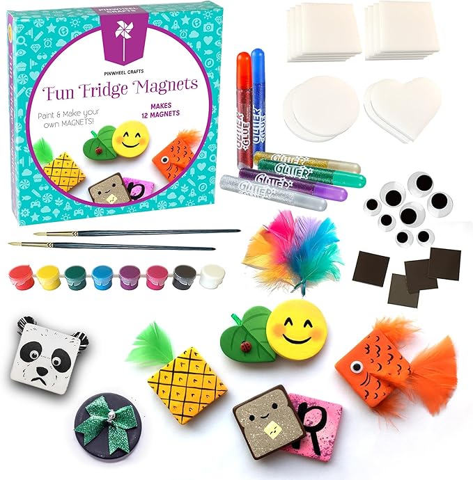 Pinwheel Crafts Magnetic Tile Art Kit Ages 6-12+ Years - Paint Your Own Magnetic Mini Tiles Includes 12 Tiles, Magnets, 8 Paints, Brush, Googly Eyes - DIY Magnet Making Kit for Kids