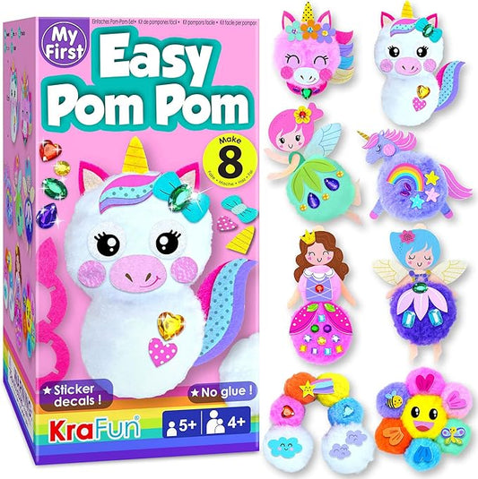 KRAFUN Easy Pom Pom Craft Kit for Girls, 8 Cute Crafts (Unicorn, Fairies), Felt Stickers, Instructions, Creative DIY Set, Adorable Educational Toy