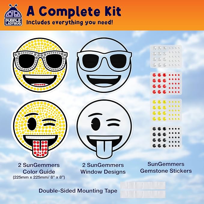 SUNGEMMERS Emoji Cool & Wink Window Art Kit - DIY Diamond Art Suncatcher Craft for Kids Ages 6-12 - Creative Gift for Girls, Boys, Mess-Free Arts & Crafts Set with 1000+ Gem Stickers, Templates