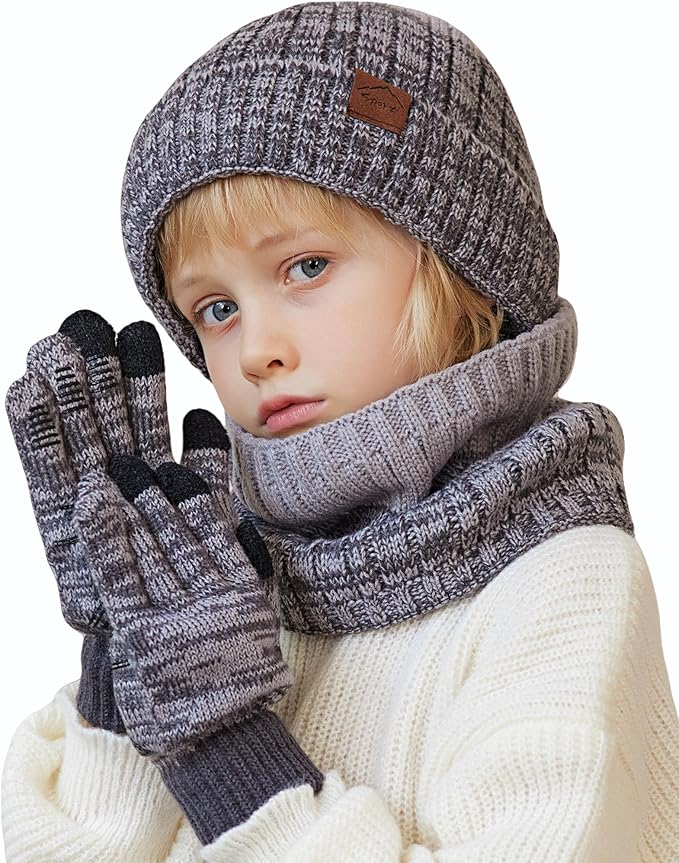 Kids Winter Hat Gloves Scarf Set，Mixed-color Beanie hat Knit Neck Fleece Lining Touchscreen Gloves for Girls Boys 4-10Y