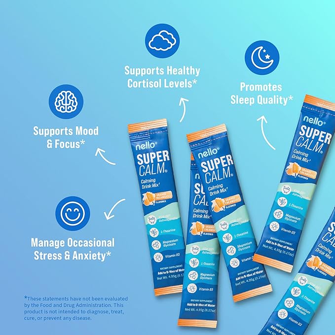 Nello Supercalm Drink Mix - Ashwagandha KSM 66, Magnesium Glycinate & L-Theanine Supplement - Ashwagandha Root Extract - Focus and Relaxation Support (20 Travel Packets) - Orange Creamsicle