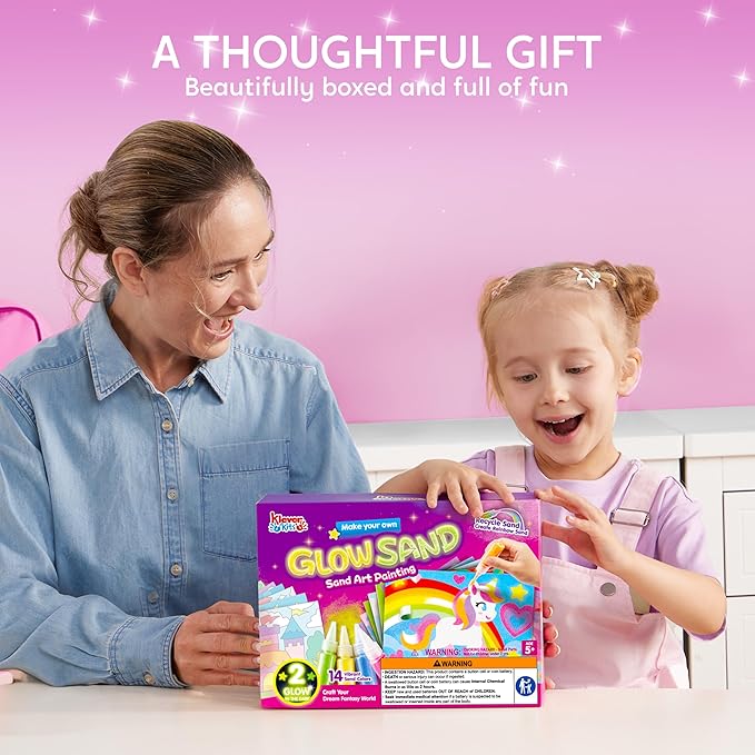 Klever Kits Glow Sand Art Kits for Kids, Glow in The Dark Sand Painting with 14 Colors, Kids Crafts, 6 Fantasy Templates & 4 DIY Sheets, Mess Free Arts and Crafts, Unicorn Gifts for Girls Ages 5+