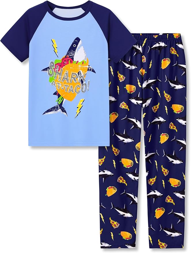 Tebbis Pajamas For Boys Fun Baseball Navy Blue Short Sleeves & Pants 2-Piece PJs Set Kid Comfy Sleepwear Size 6-18