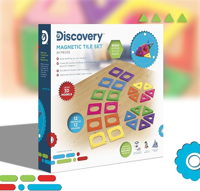 Discovery Kids 24 pcs 3D Magnetic Tile Building Blocks Construction Set in 6 Colors for Ages 4+