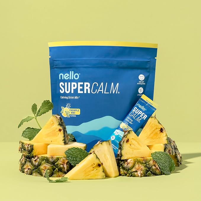 Nello Supercalm Drink Mix – Ashwagandha KSM-66, Magnesium Glycinate, L-Theanine, Vitamin D3 – Pineapple Mint Flavor (20 Travel Packets)