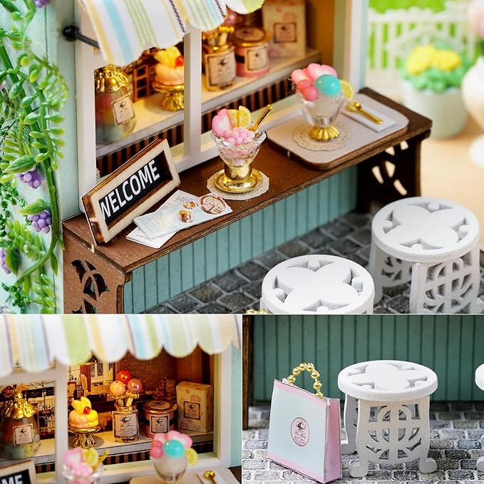 TuKIIE DIY Miniature Dollhouse Kit with Furniture, 1:24 Scale Creative Room Mini Wooden Doll House Plus Dust Proof for Kids Teens Adults(Dessert Time)