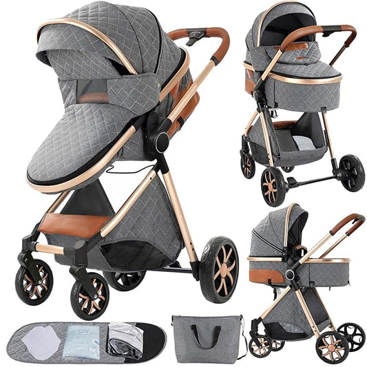 2 in 1 Baby Stroller Convertible Reversible Standard Pram Portable Pushchair Infant Buggy Baby Carriage Foldable High Landscape Pram for Toddler Newborn (225 Grey)
