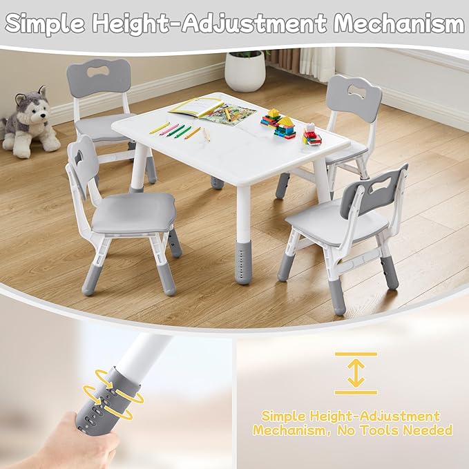 Toddler Table and Chair Set for Ages 3-8, Adjustable Kids Table and Chairs for Reading,Drawing, Eating, Children Activity Table with Graffiti Tabletop for Daycare/Classroom/Home/Preschool