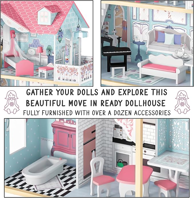 Lil' Jumbl Kid's Wooden Pink Dollhouse with Elevator, Balcony & Stairs, Accessories & Furniture Included, 3 Story Easy to Assemble Dollhouse Toy - X-Large