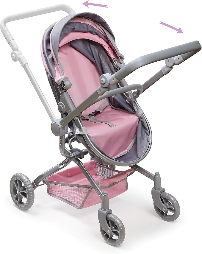 Badger Basket Foldable Doll Stroller & Pram for Dolls - Convertible Toy with Canopy, Basket & Soft Handle - Lightweight, Easy to Use for Girls Ages 3+- Gray/Pink