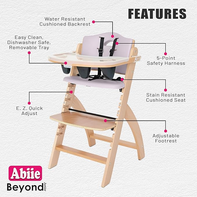 Abiie Beyond Junior Wooden High Chair with Tray - Adjustable and Convertible High Chair for Babies and Toddlers - 6 Months to 250 Lb - Water Resistant - Natural Wood with Lilac Cushion