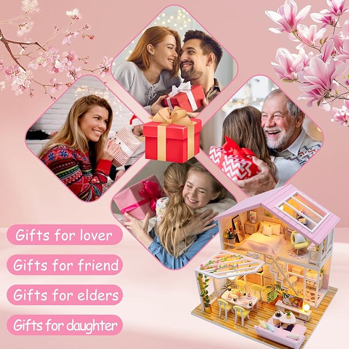 DIY Miniature Dollhouse Kit, AngKng Lovely Tiny House Kit with Furniture and LED Light, Wooden Mini House Making Kit for Adults & Children, Home Decor Creative Gift for Family/Friends-Pink