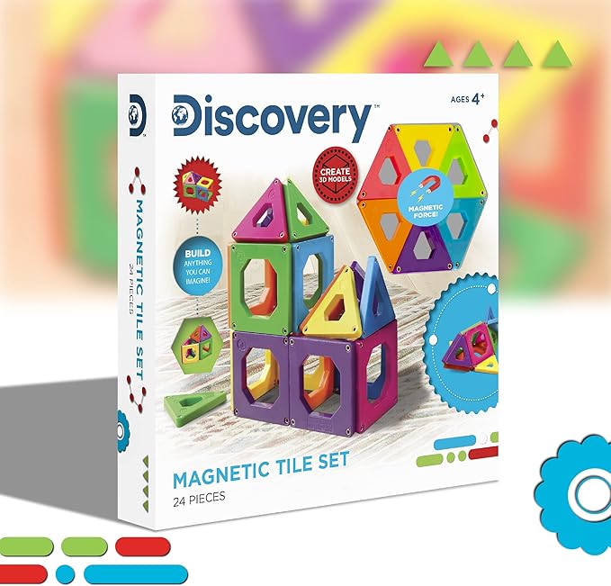 Discovery Kids 24 pcs 3D Magnetic Tile Building Blocks Construction Set in 6 Colors for Ages 4+