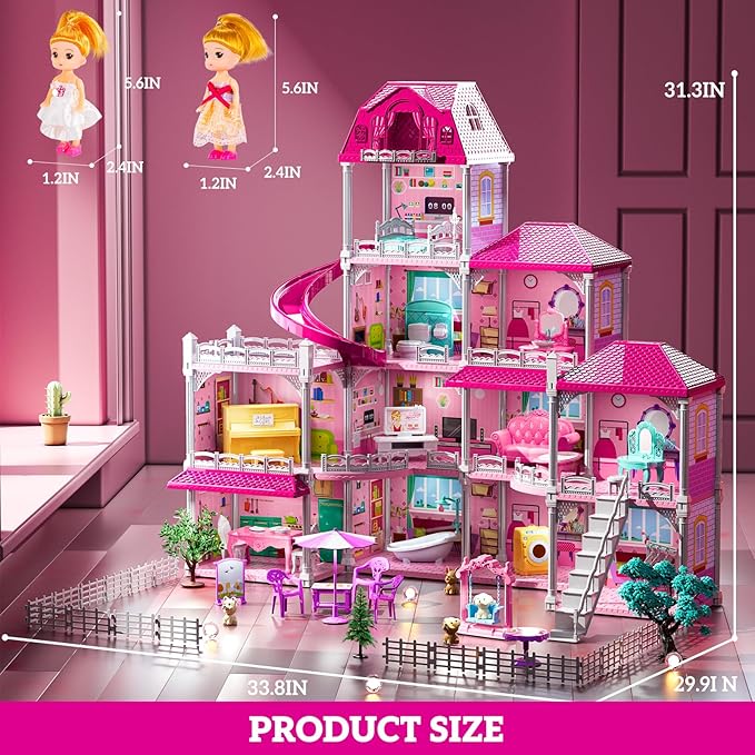 Villa Playset for Girls Ages 3-7, Indoor Playset Girls Toys for Ages 6-8 with 4 Storeys 11 Rooms 2 Dolls, Furniture and Accessories, Pretend Toddler Toy, Birthday Gifts for Kids 3 4 5 6 7 8